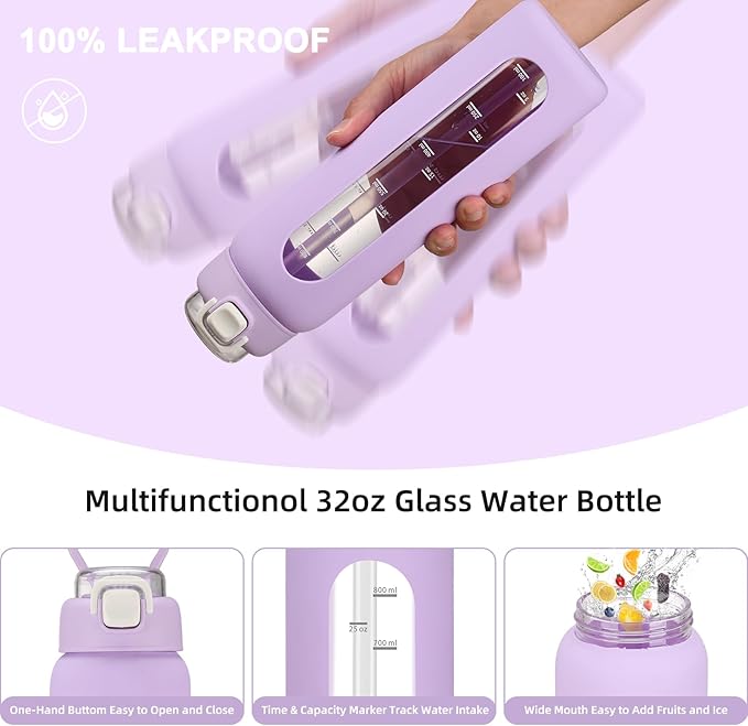 chunmo 32 oz Glass Water Bottle with 2 Lids-Handle Spout Lid & Straw Lid, 1 Liter Motivational Borosilicate Water Bottle with Time Marker and Silicone Sleeve,Leakproof-Purple-1 Pack