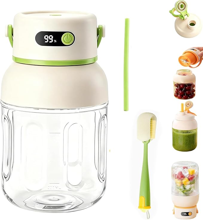 Portable Electric Juicer Cup with Zero Cord Hassle, 33 Oz Cordless Personal Juicer Cup, Digital Display Portable Juicers Blender with Stainless Steel Blades, USB-C (green-1000ml)