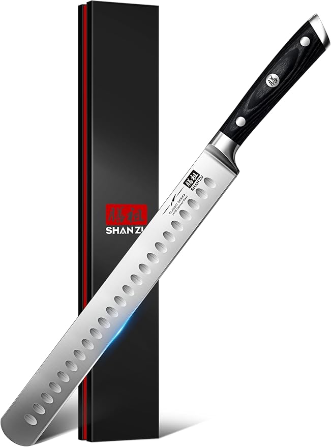 SHAN ZU 12" Brisket Slicing Knife - Carving Slicing Meat Knife Professional 5Cr15MoV Stainless Steel Razor Sharp Blade, Ergonomic Wood Handle & Full Tang Design