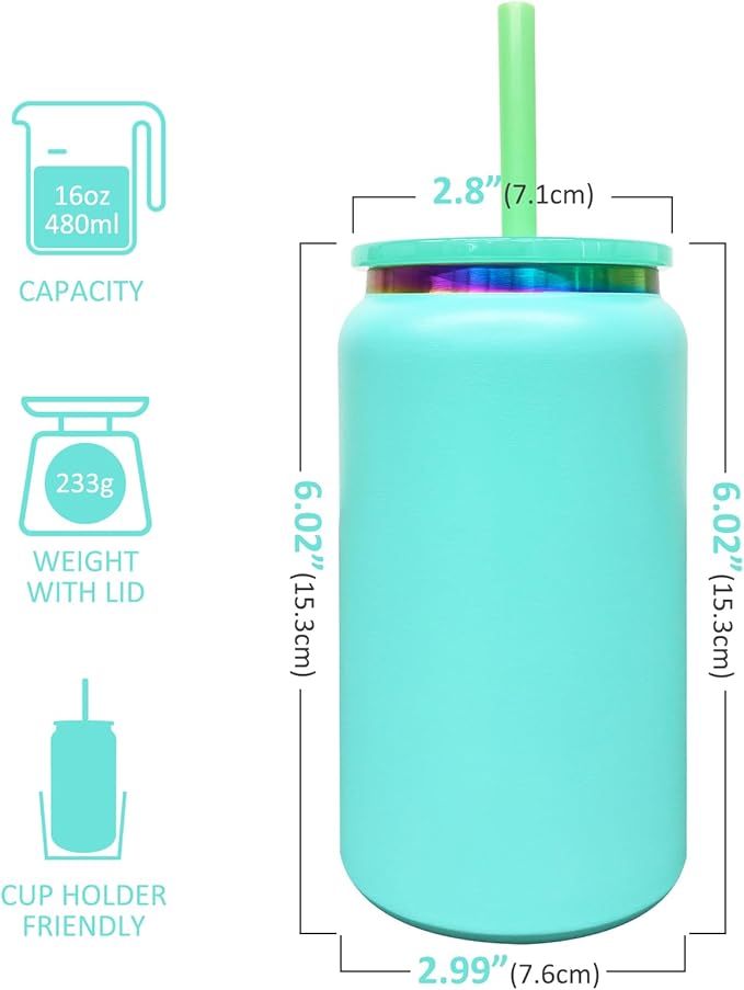 4 Pack Glass Cups with Lids and Straws, 16 oz Stainless Steel Cups, Insulated Skinny Tumbler, Powder Coated Travel Tumblers for Laser Engrave, Iced Coffee Cup for Smoothie Water DIY Gift(Green,4 pack)