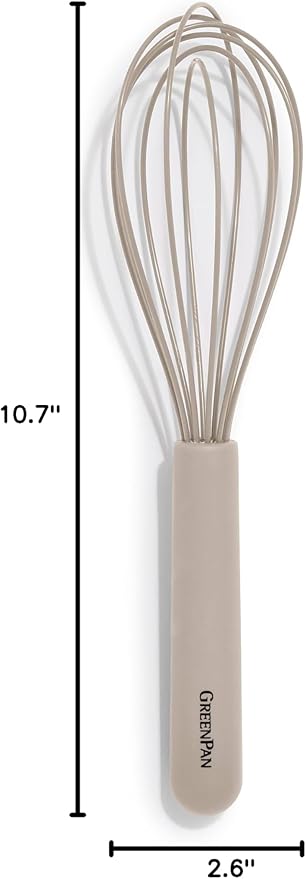 GreenPan Silicone Whisk, Mixing Blending Beating Stirring Cooking Kitchen Utensil, Flexible Rubber Nonstick Cookware, Rigid Steel Core, Heat-Resistant, Anti-Slip Handle BPA-Free Dishwasher Safe, Taupe
