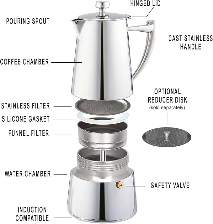 Cuisinox Roma Stovetop Espresso Maker COF-10R, Stainless Steel Coffee Percolator Stovetop, Heat-Resistant & Non-Reactive, 10-Cup Italian Espresso Maker Easy to Clean, Durable Stove Top Percolator