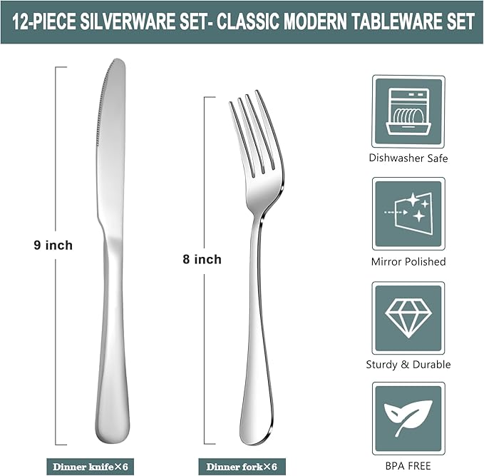 SANTUO 20 Pcs Silverware Set with 10 Dinner Knives and 10 Dinner Forks,Flatware Set with Top Food Grade Stainless Steel,Tableware Cutlery Set For Home Restaurant Hotel, Mirror Finish, Dishwasher Safe