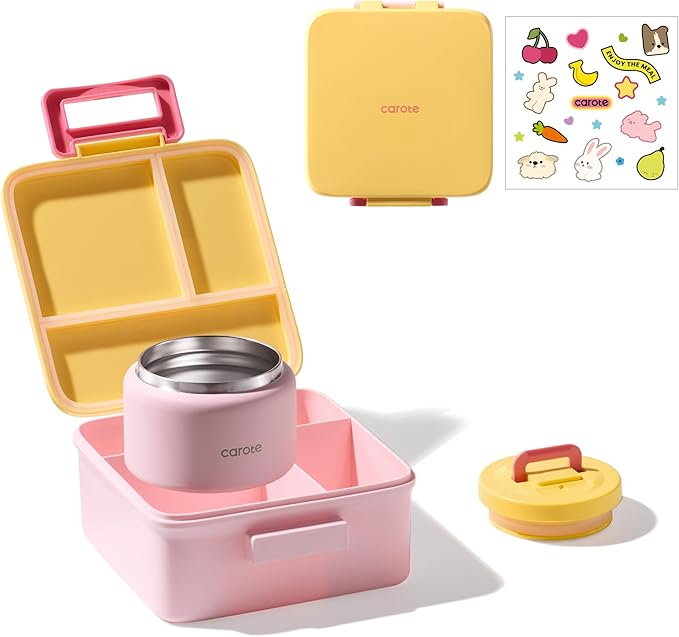 CAROTE Bento Box for Kids, Lunch Box Kids with 8oz Thermos for Hot Food, Lunch Container for Girls Boys, 3 or 5 Compartments with 2 Removable Dividers, BPA Free/Leak Proof/Dishwasher Safe