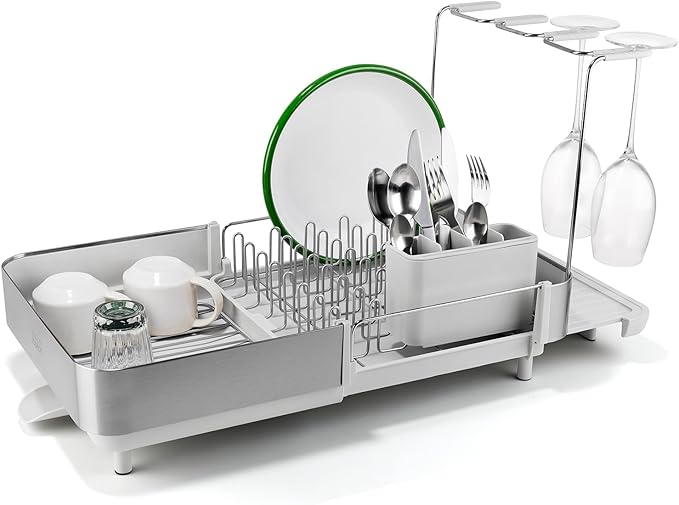 Joseph Joseph Extend Steel Plus Extendable Dish Rack Steel, Small to Large Dish Drainer with Wine Glass Holder & Drain Spout
