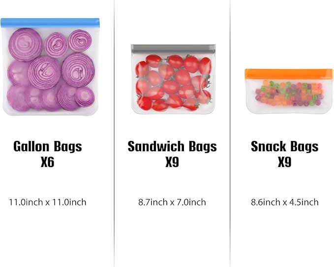 Lerine 6 Pack Reusable Gallon Freezer Bags Dishwasher Safe, BPA Free Reusable 1 Gallon Bags, Leakproof Food Storage Bags for Marinate Meats, Cereal, Vegetables, Home Organization(Gray, 6Gallon)