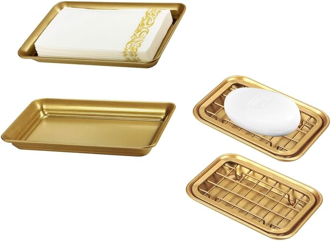 SheeChung 2 Pack Vintage Farmhouse Decor Metal Vanity Tray and 2 Pack Bathroom Soap Dishes Tray with Drain Metal Sponges Scrubber Holder Bar Soap Dispenser Saver - Gold