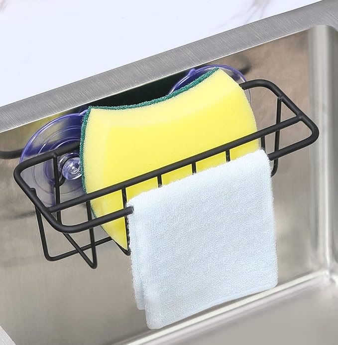 TESOT Sink Caddy Sponge Holder for Kitchen Sink Dish Cloth Hanger 2 Suspension Options(Suction Cups and Adhesive Hook), SUS304 Stainless Steel, Black