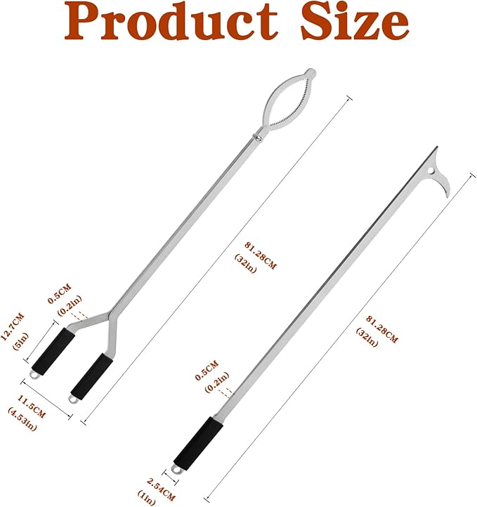32" Stainless Steel Fire Log Tongs Firewood Grabber and Fire Poker Set,Large Fire Pit Tool Outdoor/Indoor Bonfire Campfire Backyard Deck Camping Log Grabber Safely Moves Firewood