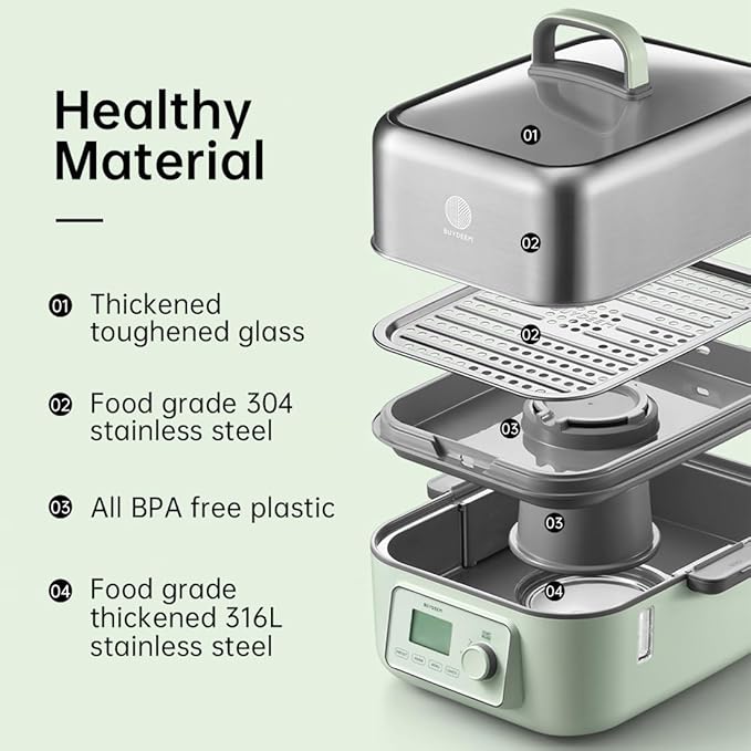 BUYDEEM G67US Electric Food Steamer for Cooking, 1 Tire Stainless Steel Steamer with Manual Mode, 1500W, 7 Quart, Green