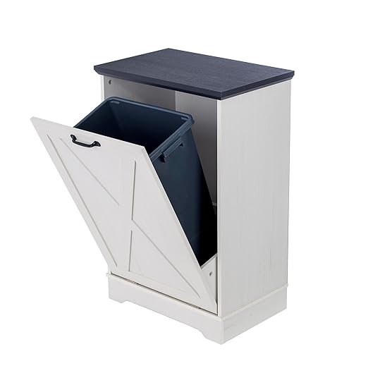 13 Gallons Tilt Out Trash Cabinet, Hidden Trash Can Cabinet Wooden Tilt Out Pet Proof Hidden Trash Bin Cabinet for Kitchen (Black and White)