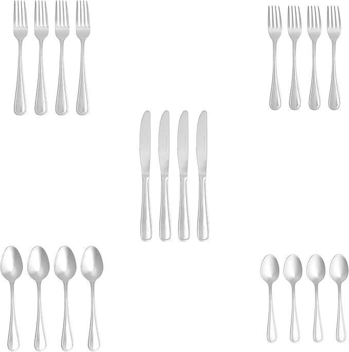 Amazon Basics Silverware Set, Stainless Steel Flatware, Dishwasher Safe, Service for 4, 20-Piece Forks and Spoons, Crown Edge, Everyday Use