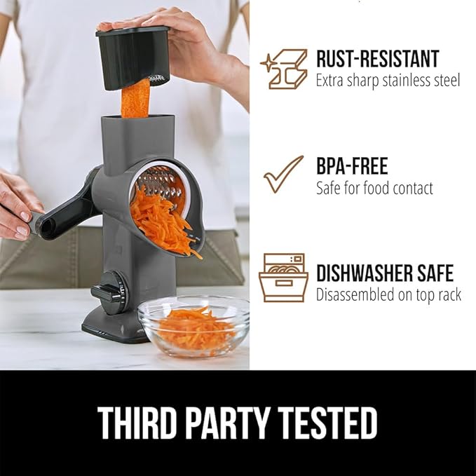 GORILLA GRIP BPA-Free Rotary Cheese Grater Hand Crank, Easy to Set Up, Strong Suction Base for Kitchen Countertop, Shred Potato, Vegetable, Nuts in Seconds, Round Mandoline Slicer, 3 Blades, Gray