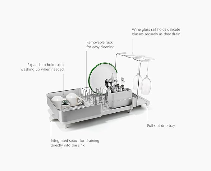 Joseph Joseph Extend Steel Plus Extendable Dish Rack Steel, Small to Large Dish Drainer with Wine Glass Holder & Drain Spout
