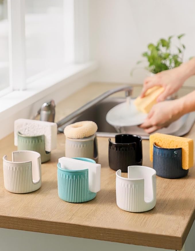 Ceramic Sponge Holder for Kitchen Sink, Scrub Sponge Dish Rack, Farmhouse Compact Sink Caddy Organizer, Glazed Green