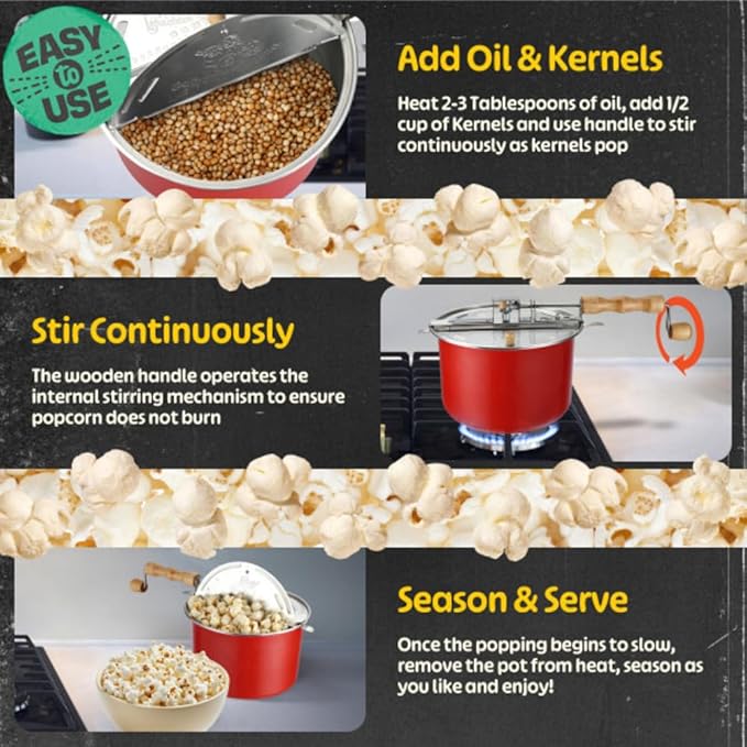 Stovetop Popcorn Maker – 6.5-Quart Popper Pan with Wooden Crank Handle and Internal Kernel Stirrer by Great Northern Popcorn (Red)