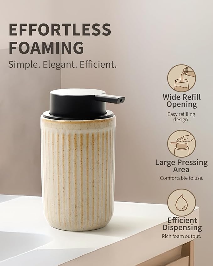 BosilunLife Foam Hand Soap Dispenser - Ceramic Foaming Soap Dispenser for Bathroom 12oz Refillable Liquid Lotion Soap Dispenser with Rust-Proof Foaming Pump for Countertop, Greige