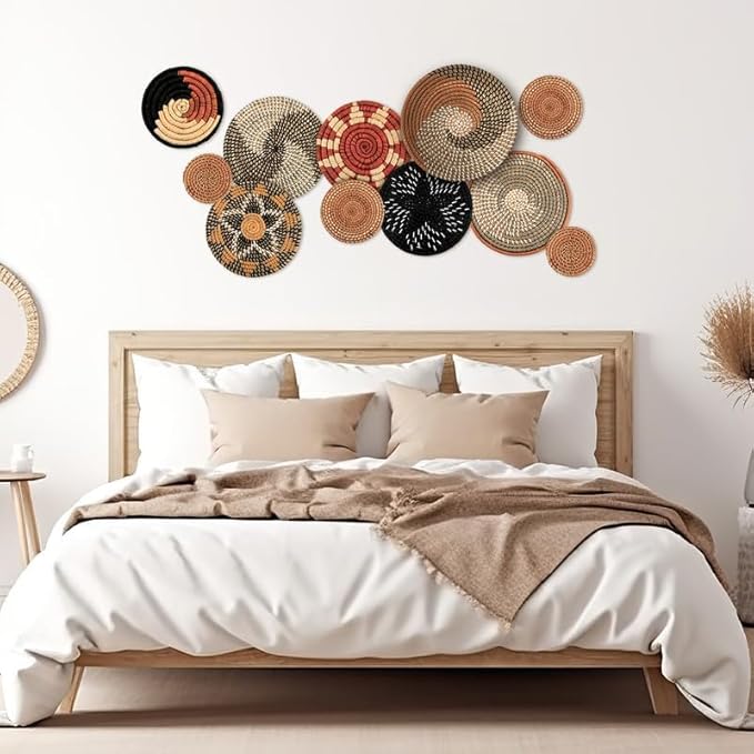 Tatuo 11 Pcs Boho Wall Basket Decor Bulrush Woven Wall Hanging Art Round Farmhouse Rustic Handmade Wicker for Summer Home, Bedroom, Living Room, Kitchen Decorations, Multi Sizes(Classic)