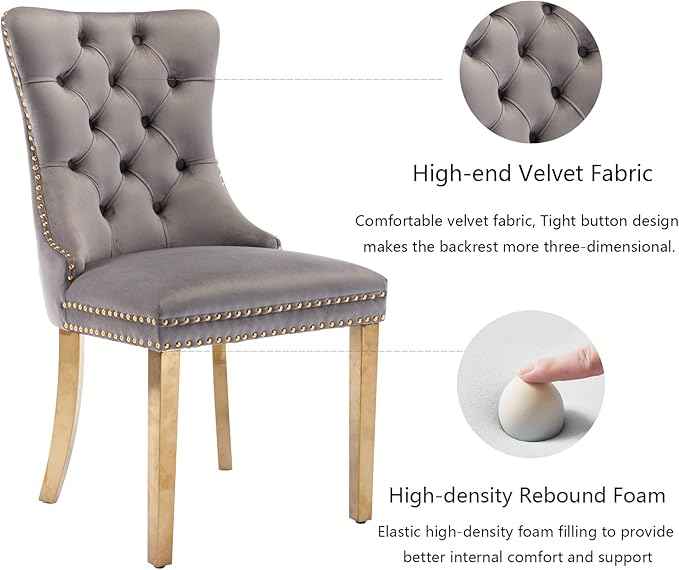 Gray Velvet Dining Chairs Set of 4, Upholstered Dining Room Chairs with Back Ring Pull Trim and Golden Stainless Steel Legs,Modern Kitchen Chairs for Dining Room,Living Room,Kitchen(Grey)