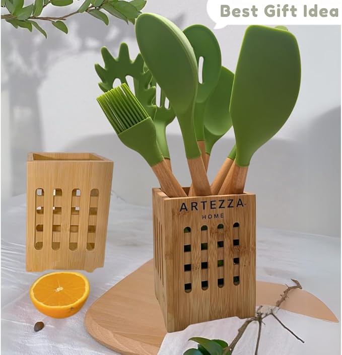 Green Silicone Kitchen Utensil Set – 10-Piece Cooking Tools with Wooden Handles & Ventilated Bamboo Holder, Heat-Resistant Silicone, Nonstick Safe, BPA-Free Kitchen Gadgets Set – Sage Green