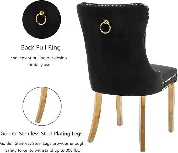 Black Dining Chairs Set of 6,Velvet Upholstered Dining Room Chairs with Back Ring Pull Trim and Golden Stainless Steel Legs,Modern Dining Chairs Perfect for Dining Room,Kitchen(Black)