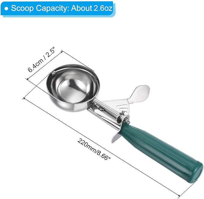 PATIKIL 2.6 Ounce Ice Cream Scoop with Trigger, Stainless Steel Portion Cookie Scoop with Thumb Trigger for Cookie Dough Cupcake Batter Baking, Green 79ML