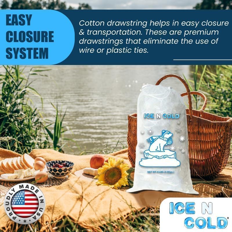 Ice Bags with Drawstring Closure | 10lb, 100ct/cs | 41 mic Thickness | Portable Storage and Freezer Keeper