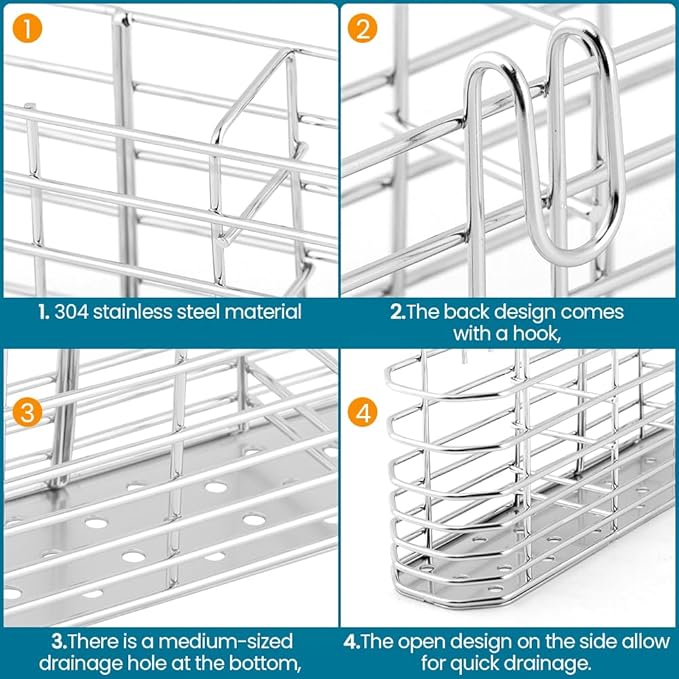 Utensil Drying Rack, 304 Stainless Steel Utensil Organizer Holder No Drilling Kitchen Drainage Basket with 3 Divided Compartments(COLOR:Silver)