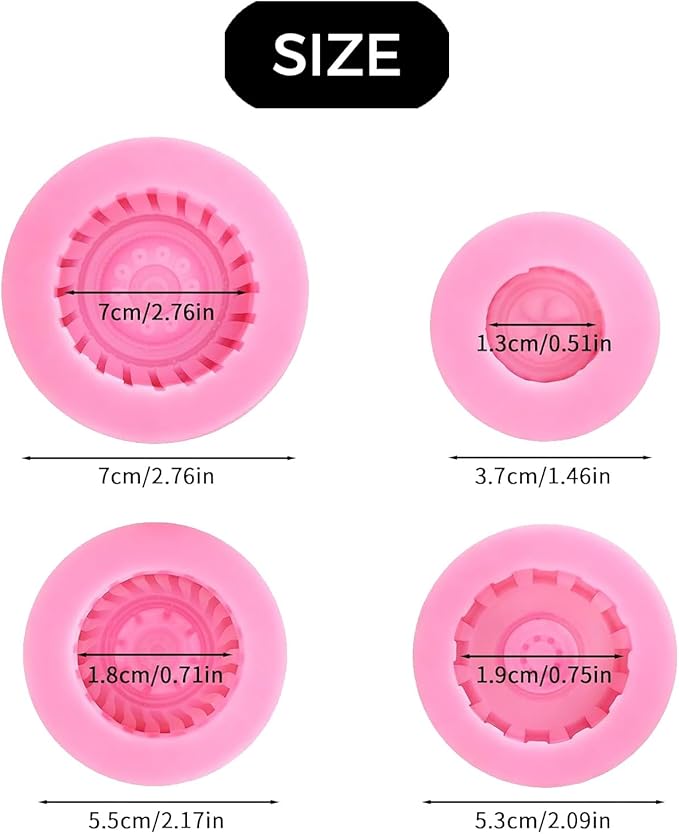 4 Pcs Fondant Molds, 3D Wheel Tire Mold Silicone Set for Cake Decorating, Realistic Tire Chocolate Candy Molds for Cupcake Topper, Polymer Clay, Baking & DIY Crafts