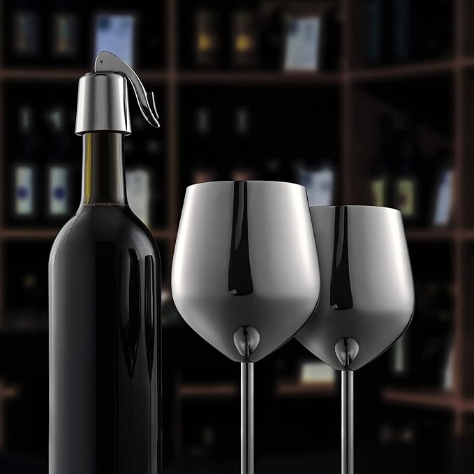 WOTOR Stainless Steel Wine Glasses Set of 4 with Wine Saver Vacuum Pump