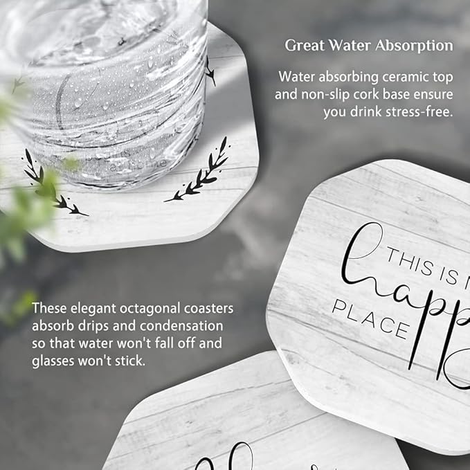 UMIRRO Rustic Farmhouse Coasters for Wooden Table, Modern Ceramic Coasters with Holder for Coffee Table Decor, Housewarming Gifts for New House/Home, Assorted Design, White, 4", 6 Pack