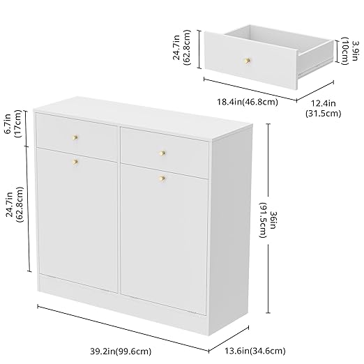 Housoul Double Tilt Out Trash Can Cabinet with 2 Drawers, Trash Storage Cabinet, Hidden Garbage Bin, Free Standing Laundry Sorter Organizer for Kitchen Dining Living Room, Bathroom, White