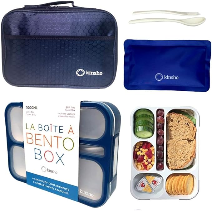 kinsho Lunch Boxes for Boys Teens Adults - Bento Box Set with Insulated Bag and Ice Pack, 6 Compartment Leak Proof Food Container, BPA-Free, Microwave Safe, Ideal for School & Work, Navy Blue
