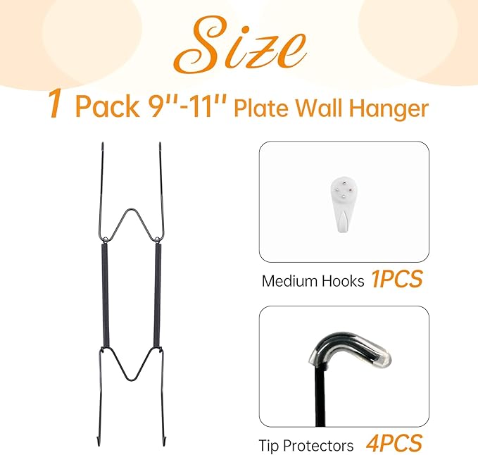 Plate Hangers for The Wall, Suitable for 9-11 inch Decorative Plate, Stainless Steel Wire Plate Holder with Wall Hooks and Rubber tip Protectors, Plate Hangers for Displaying Plates, Platter, Black