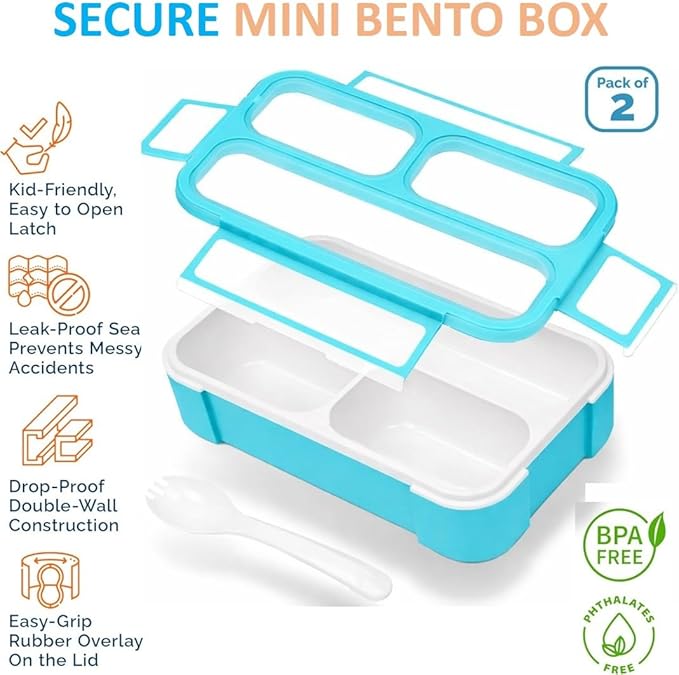 Small Snack Containers for Kids Toddlers - 3 Compartments (Set of 2) - Leak-Proof Reusable Boxes with Lids -BPA-Free Plastic Mini Bento Lunch Box - Ideal for School, Daycare, Holds 2 Cups (Coral+Blue)