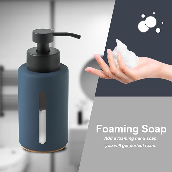 Enra Thick Glass Foaming Soap Dispenser with Clear Window,12oz Blue Bathroom Soap Dispenser with Stainless Steel Pump, Modern Boho Refillable Pump Bottle for Bathroom Kitchen (Foam-Blue)