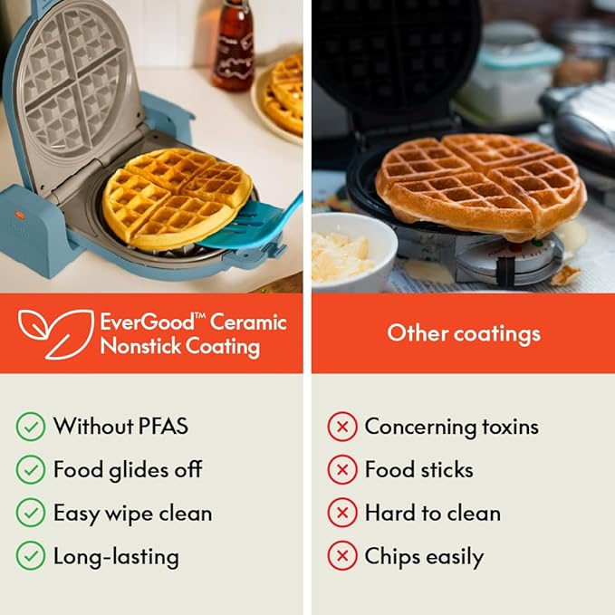 bella Flip-n-Store Waffle Maker, EverGood™ Ceramic Nonstick Coating, Fits-anywhere™ Kitchenware, Power Indicator Light & Touch Handle, 7” Wide & 1" Deep Plates, 1000 Watt, Surf