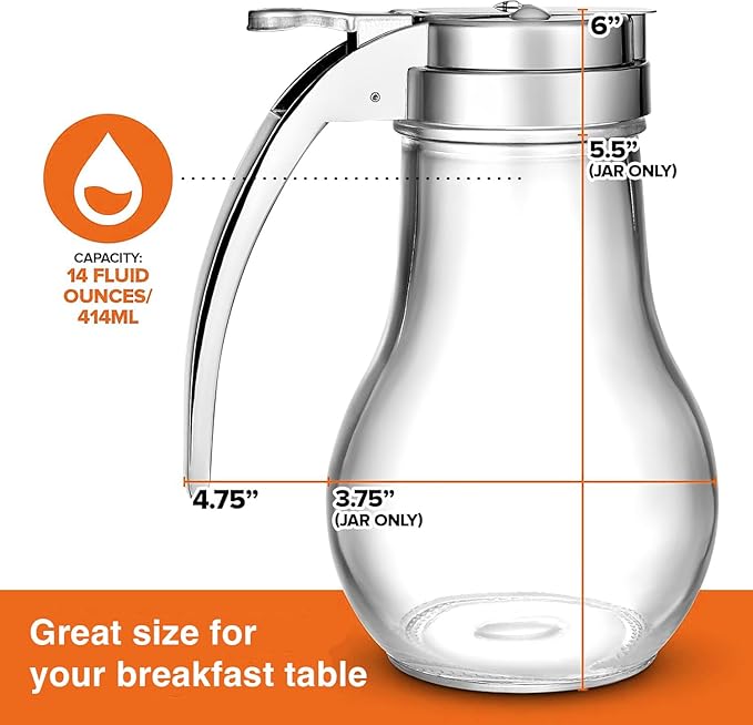 Glass Syrup Dispenser - 14 Oz Syrup & Honey Dispensers - Maple Syrup Dispenser for Honey - Large Syrups Dispenser Durable Clear Glass - Easy Pour Spout, Leak-Proof Lid