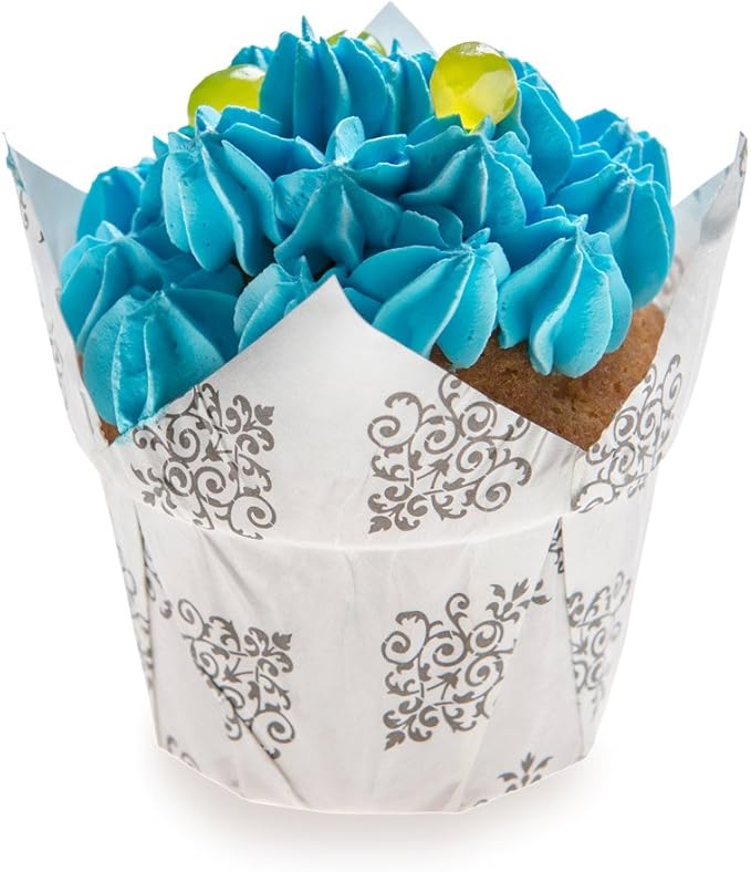 Restaurantware Panificio 1.2 Ounce Baking Cups 200 Tulip Cupcake Liners - Oven-Ready Freezable Black And White Paper Muffin Cases Disposable Vintage Floral For Wedding Parties Baby Showers