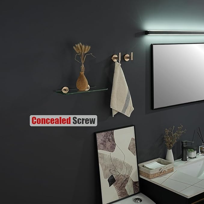 JQK Bathroom Glass Shelf, Tempered Glass Shower Storage 12 by 5 inches, 304 Stainless Steel Champagne Bronze Wall Mount 2 Pack, TGS101L12-CB-P2