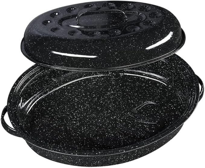 Granite Ware 15-Inch Covered Oval Roaster - Enamel Steel Basic Cookware, Nonstick & Chemical-Free, Dishwasher Safe - 10 Lb Capacity, Large Roasting Pan for Meats, Poultry, Vegetables (Speckled Black)
