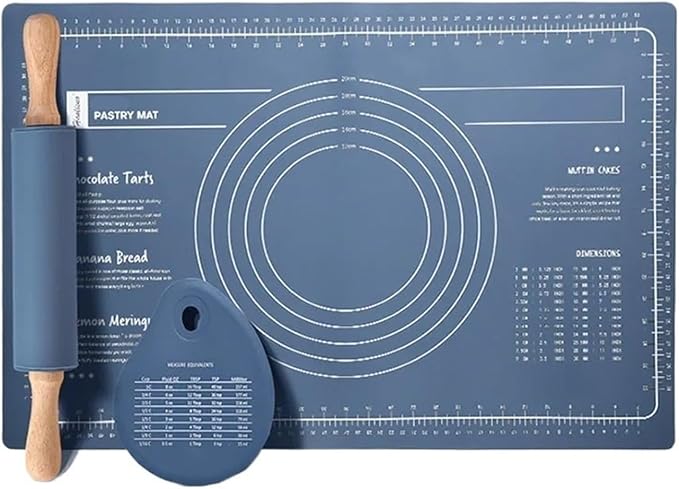 Silicone Measuring Kneading Pad Set Household Rolling Pin Dough Large Thick Non-slip Non-stick Bottom Baking Tool(Three piece set blue)