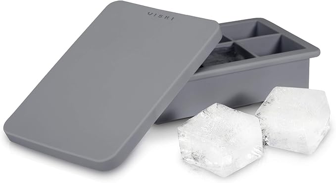 Viski Ice Cube Tray with Lid, Easy Release Large Silicone Mold, 2 Inch Ice Cubes for Whiskey, Cocktails, Mixed Drinks, Iced Coffee, Kitchen & Home Bar Accessories, Man Cave Gifts, Set of 1, Gray