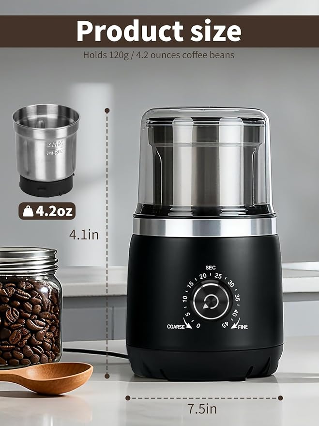 LAOION Electric Coffee Grinder with Silent Grinding Blades & Timer Knob to Adjustable Coarse to Fine, Espresso Grinder with Removable Stainless Steel Bowl for Coffee Bean, Herb, Spices, Seeds (Black)