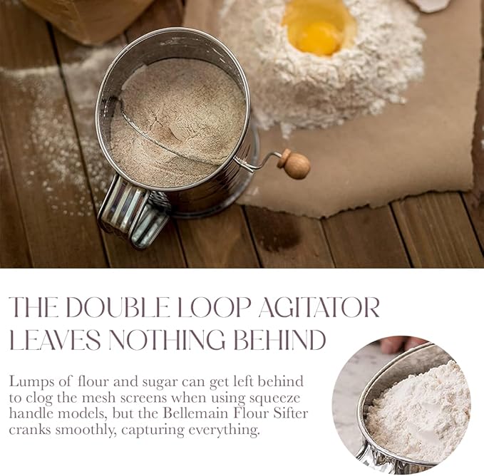 Bellemain 5 Cup Flour Sifter for Baking Fine Mesh Rotary Hand Crank with Loop Agitator for Quick Sifting, Flour Sifter Stainlees Steel