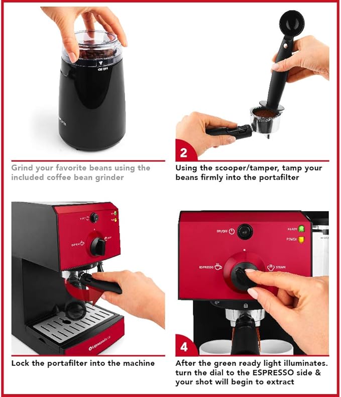 EspressoWorks All-In-One Espresso Machine with Milk Frother 7-Piece Set - Cappuccino Maker Includes Grinder, Frothing Pitcher, Cups, Spoon and Tamper - Coffee Gifts (Red)