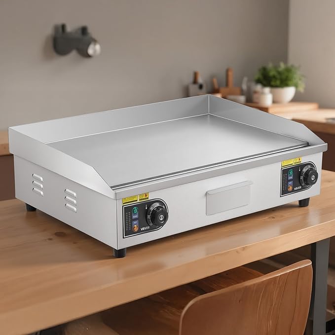 VEVOR Commercial Electric Griddle, 28.54 x 15.75 in, 4400W, 122-570°F Adjustable Temp Control, Stainless Steel Countertop Full Flat Top Grill with 2 Spatulas, 2 Brushes, for Steak, Pancake(NO PLUG)