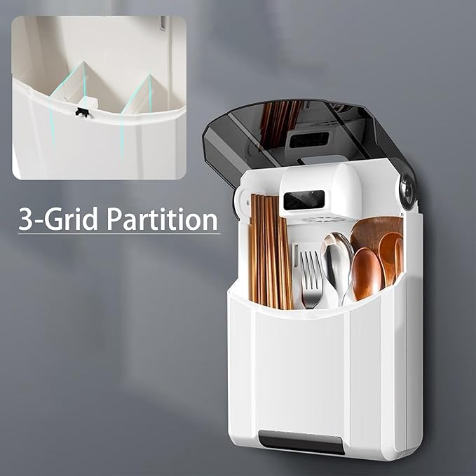 Utensil Drying Holder, Wall Mounted Utensil Organizer with Lid Multifunctional Chopstick Cage Punch Free Dustproof Draining Cage Kitchen Utensil Holder(Basic Black)