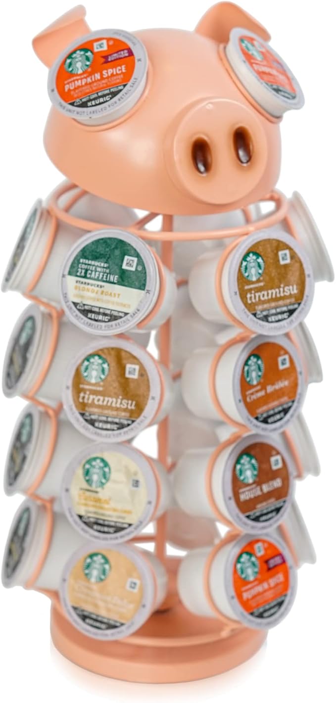 Made Easy Kit Carousel Coffee Pod Holder, Compatible with Keurig K-Pods K-Cups, Countertop Rack Storage Organizer, Metal Home and Kitchen Decor, Capsule Café Station Bar (Small, Pink Pig)
