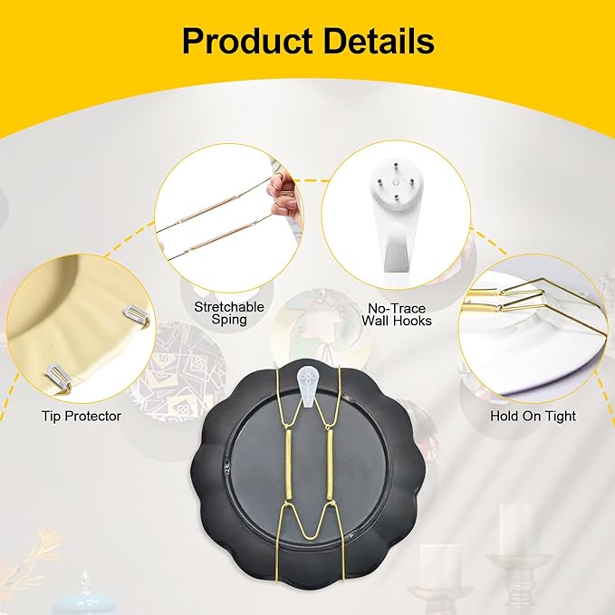 6 Pieces Plate Hangers for the Wall – Vertical Plate Hangers, Adjustable Sizes (6", 8", 10"), Invisible Design, Plate Wall Hangers for Display, Plate Holders for Displaying, Picture Hanging Kit